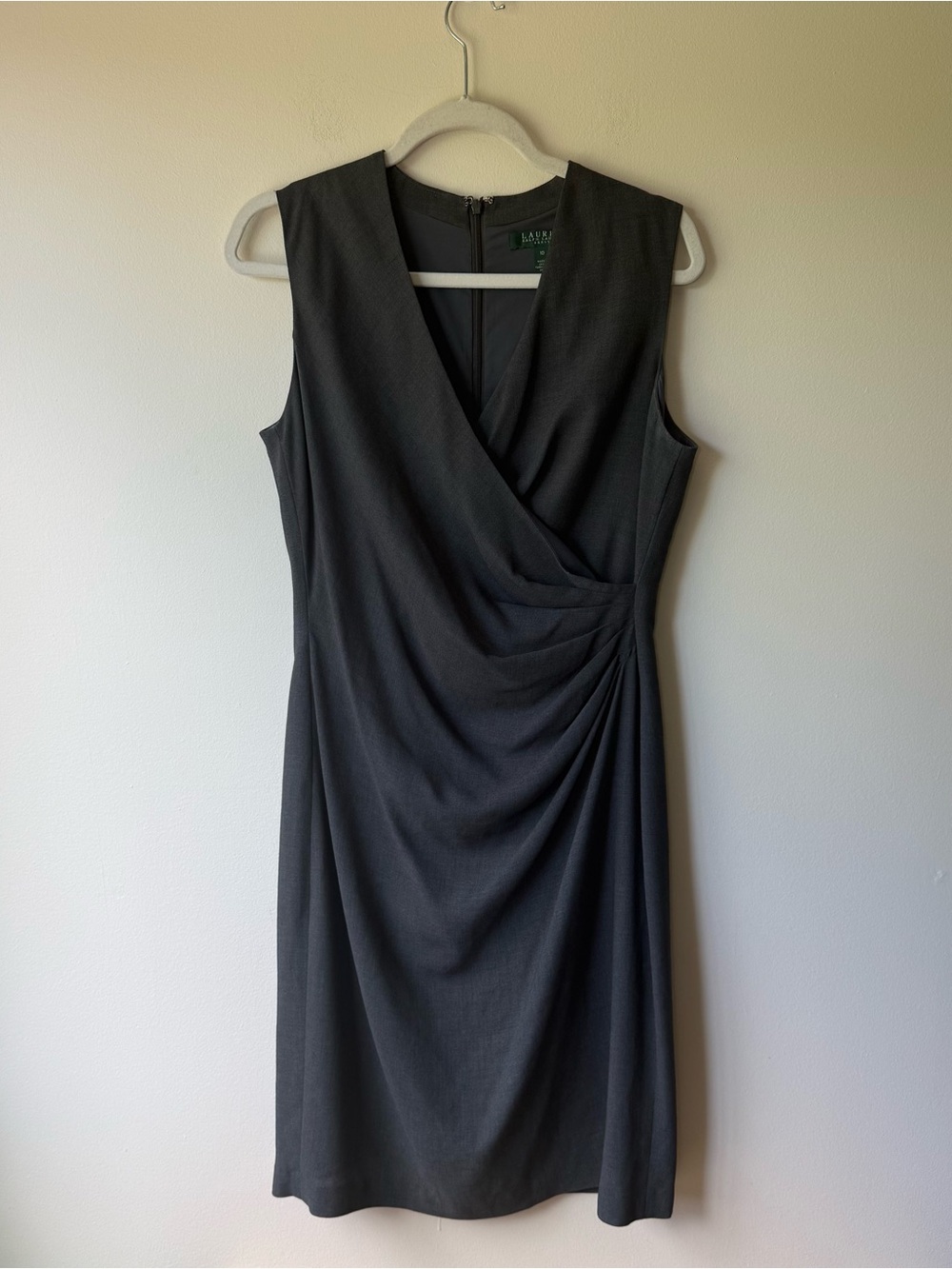 Lauren Ralph Lauren Dress Womens 10 Grey Wrap Style Pleated Draped Career